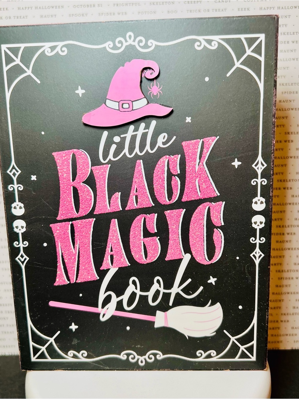 Little Black Magic Book Wooden Decor - Pink & Black Halloween Library Bookstore